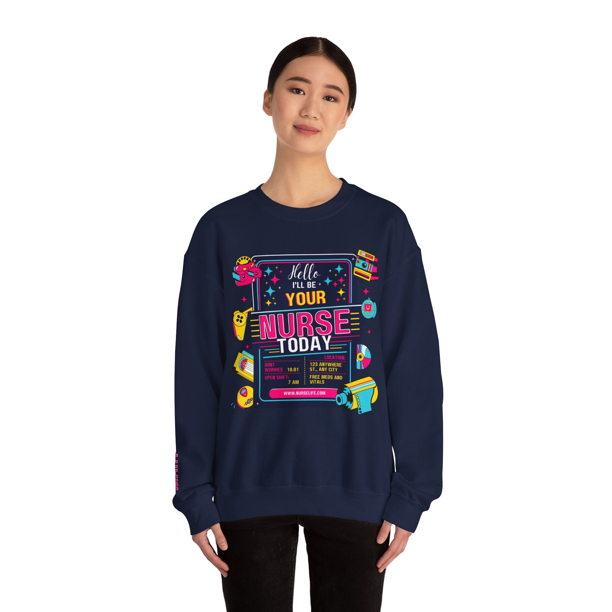 Personalized nurse sweatshirt custom name hello i'll be your, vitals healthcare professional workwear funny nursing funny crew shift RN