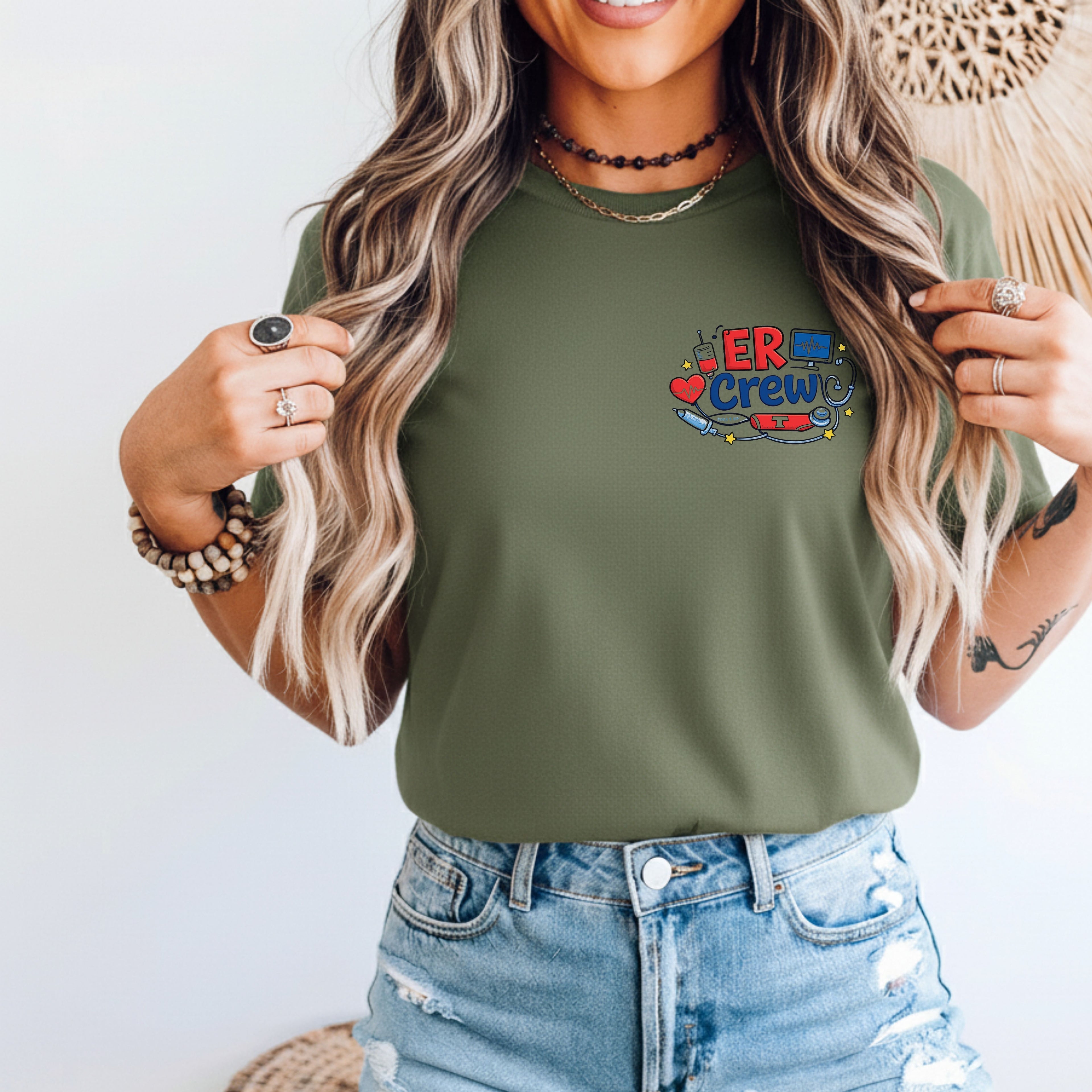 Custom ER crew shirt for nurses emergency staff teamwork apparel personalized names logos professional medical wear