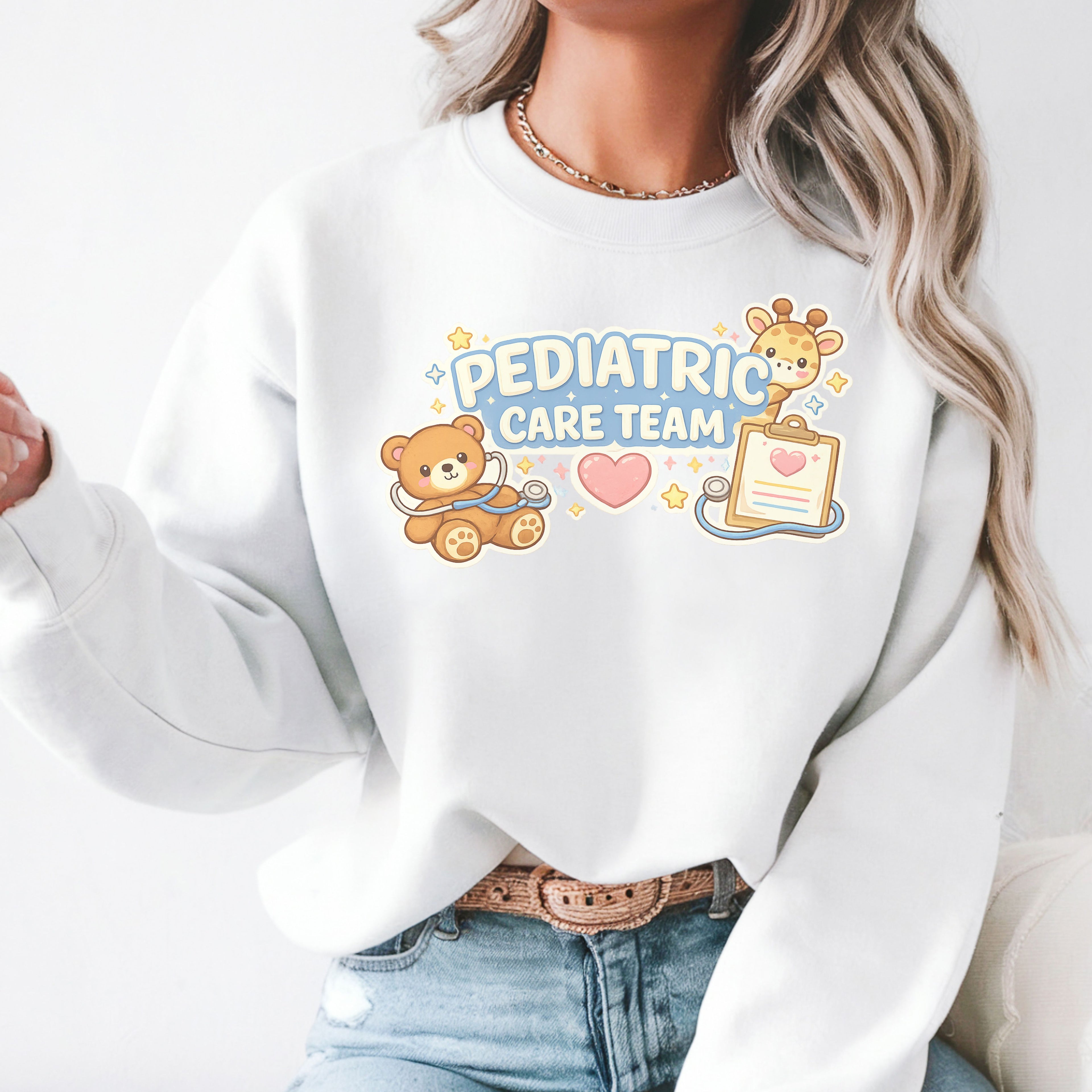 Pediatric care team sweatshirt cute nurse design customizable names medical staff gift hospital kids unit cozy crewneck