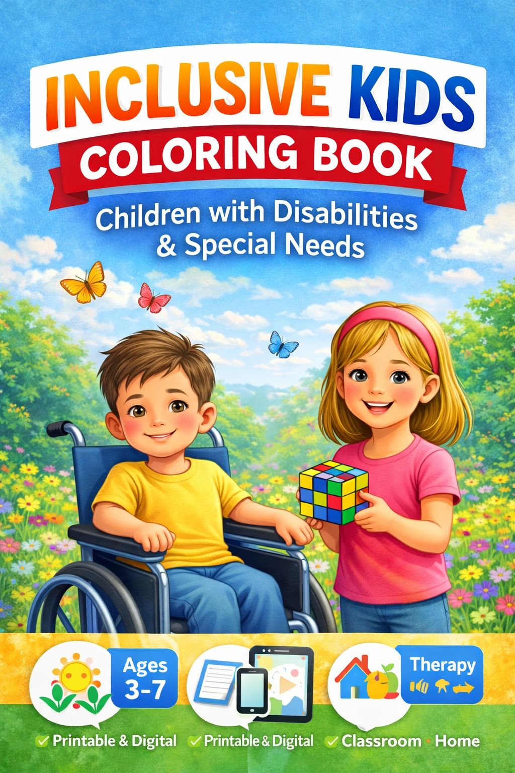Coloring Book digitable download, Printable, Inclusive Kids Special Needs Coloring Pages, Diversity & Disability Awareness  Art Motivational
