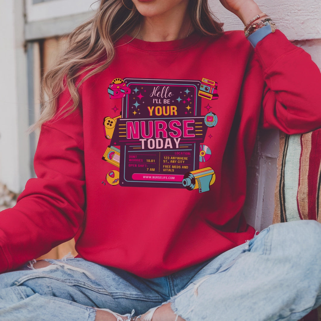 Personalized nurse sweatshirt custom name hello i'll be your, vitals healthcare professional workwear funny nursing funny crew shift RN